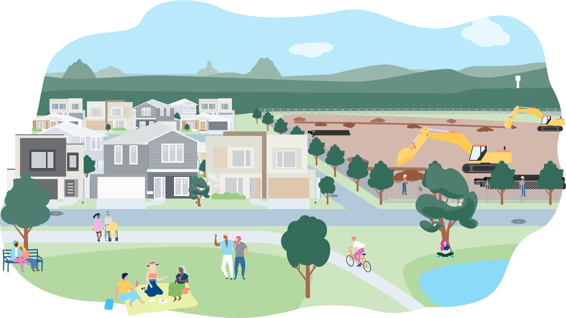 Landscape illustration showing development in a growing community Unitywater service